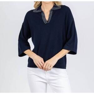 NEW AUTUMN CASHMERE boxy cashmere jewel trim sweater in navy
